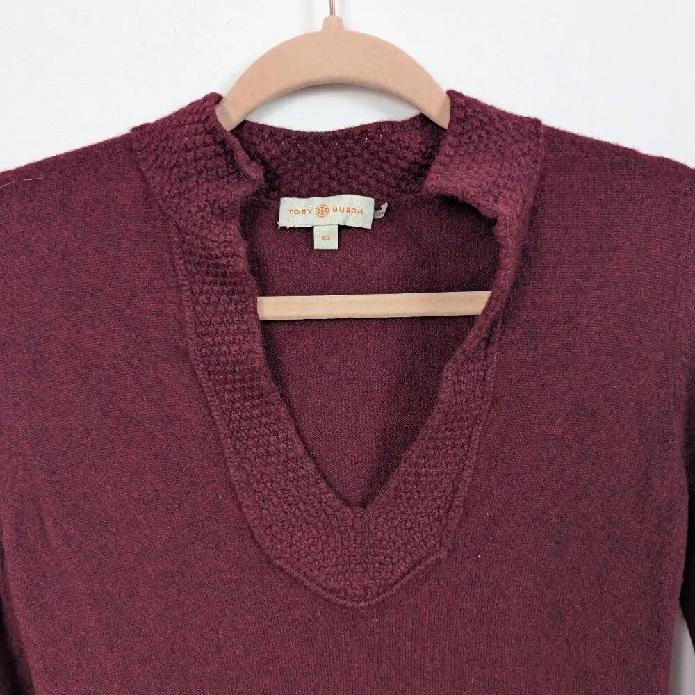 Tory Burch | Burgundy Textured Trim Cashmere V Neck Sweater Size XS